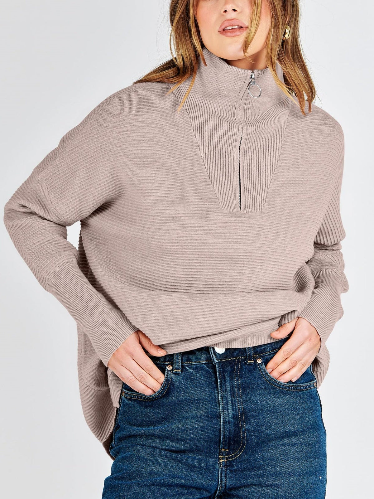 Kate | Quarter Zip Rib Knit Cozy Pullover Sweater