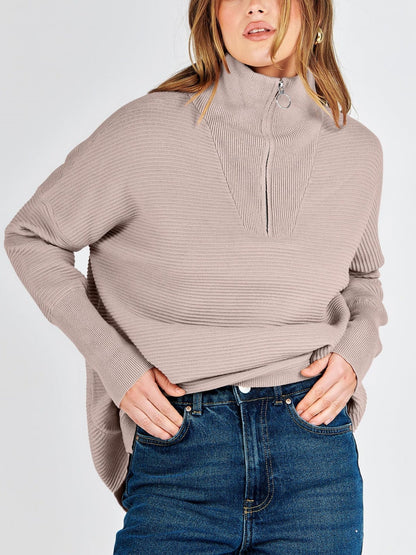 Kate | Quarter Zip Rib Knit Cozy Pullover Sweater