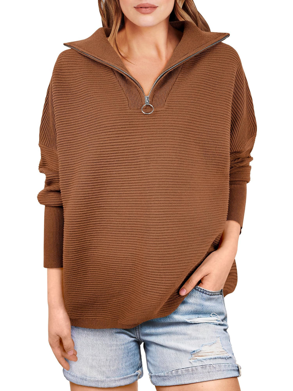 Kate | Quarter Zip Rib Knit Cozy Pullover Sweater