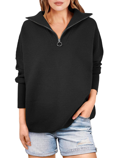 Kate | Quarter Zip Rib Knit Cozy Pullover Sweater