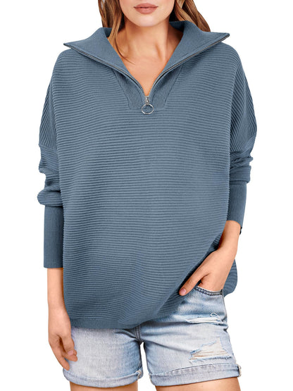 Kate | Quarter Zip Rib Knit Cozy Pullover Sweater